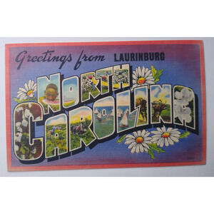 Greetings From Laurinburg North Carolina Large Big Letter Linen Postcard Unused